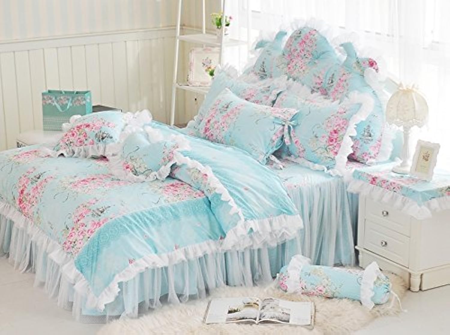 Romantic Rose Flower Print Bedding for Girls Floral Bed Skirt Set 4 Piece Princess Lace Ruffle Duvet Cover Set King Blue