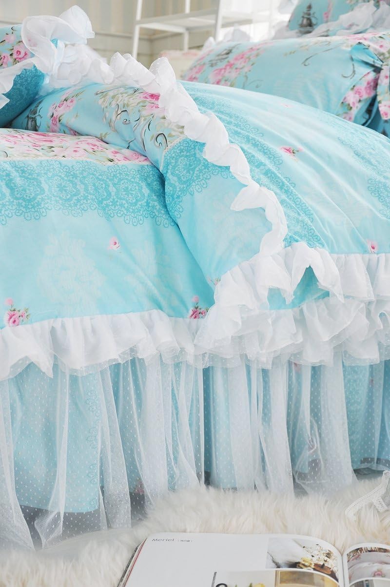 Romantic Rose Flower Print Bedding for Girls Floral Bed Skirt Set 4 Piece Princess Lace Ruffle Duvet Cover Set King Blue - Image 2