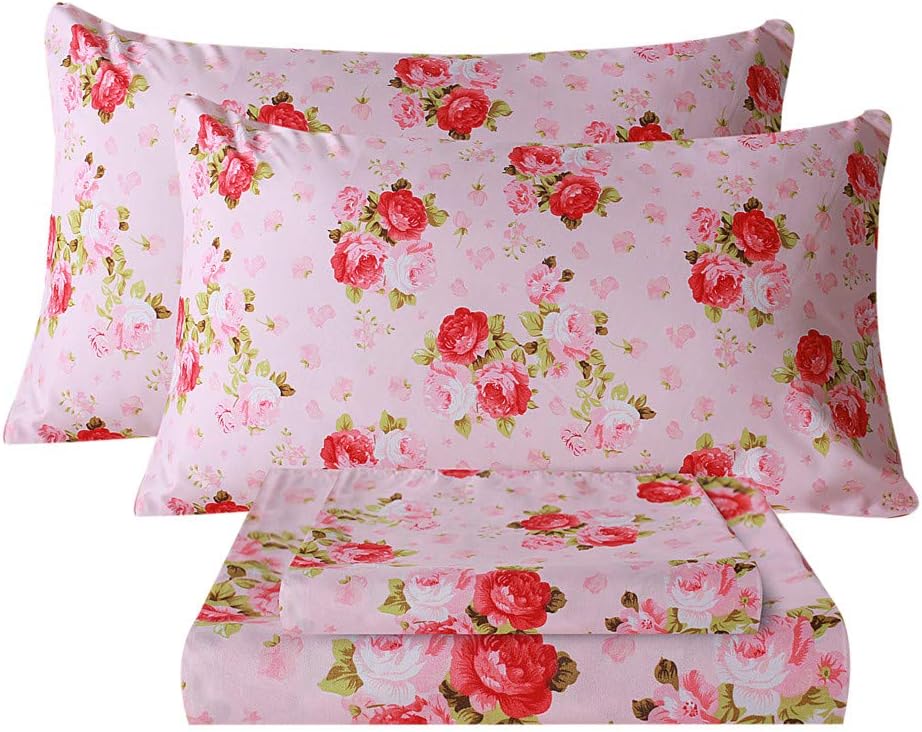 Queen Sheet Set Ultra Soft Breathable Silky Flower Bed Sheets Deep Pocket 100% Microfiber Bedding Sheets 4 Piece Queen Size Pink Floral(Red Rose)
