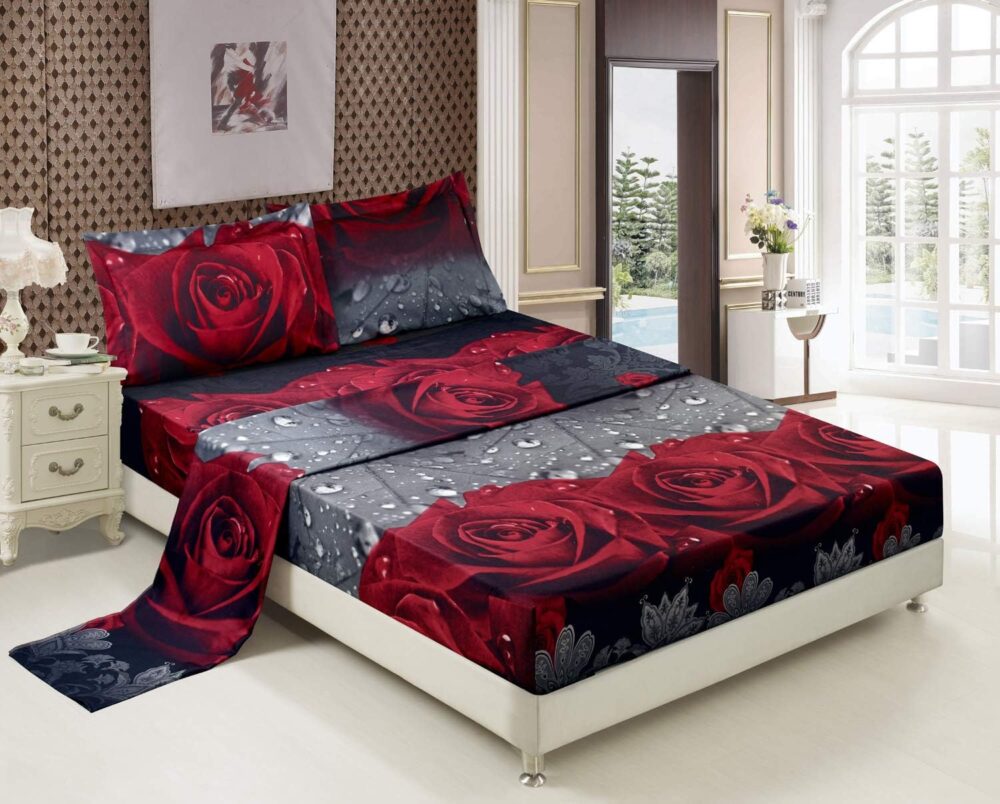 Bed Sheet Set - 4 Piece 3D Rose Love Romantic Moment Printed Sheet Set King Size (Y28) - Soft, Breathable, Fade Resistant - includes 1 Flat Sheet,1 Fitted Sheet,2 Shams