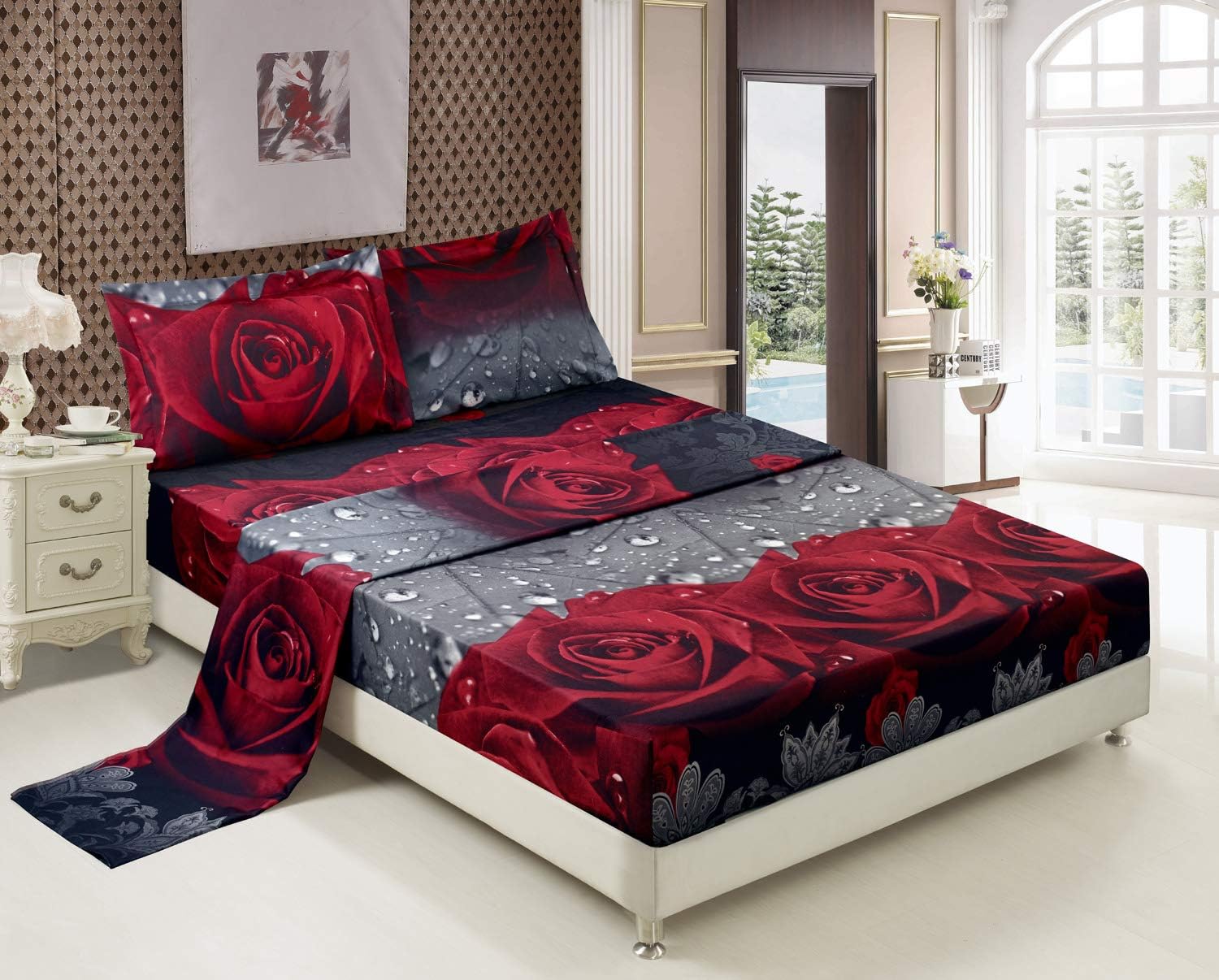 Bed Sheet Set - 4 Piece 3D Rose Love Romantic Moment Printed Sheet Set King Size (Y28) - Soft, Breathable, Fade Resistant - includes 1 Flat Sheet,1 Fitted Sheet,2 Shams