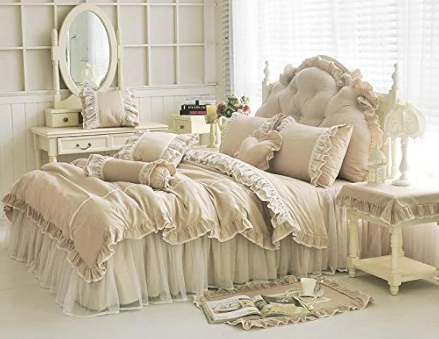 Shabby Ruffle Duvet Cover Set Twin Cotton Chic Wrinkle Girls Bedding Khaki 4 Piece Romantic Lace Design Bed Skirt