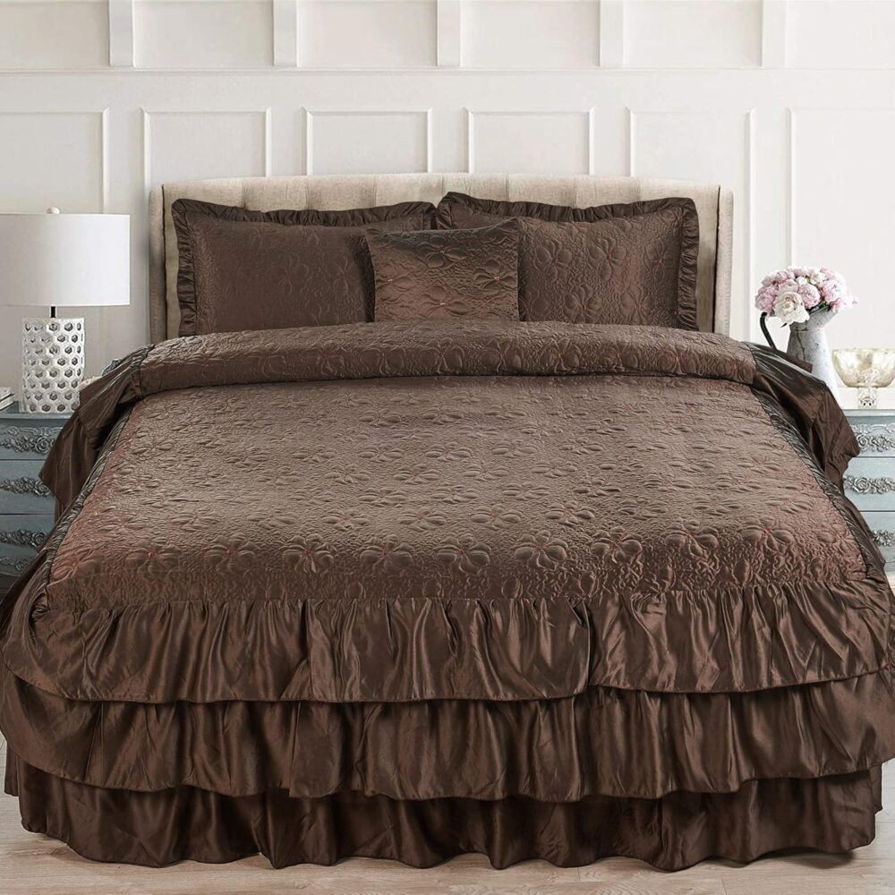 4 Piece Matte Satin Ruffle Quilted Bedspread Set 24" Drop Ruffled Style Bed Skirt Coverlets Lightweight Reversible Bedding Set Cover, King 78" x 80" + 24", Chocolate