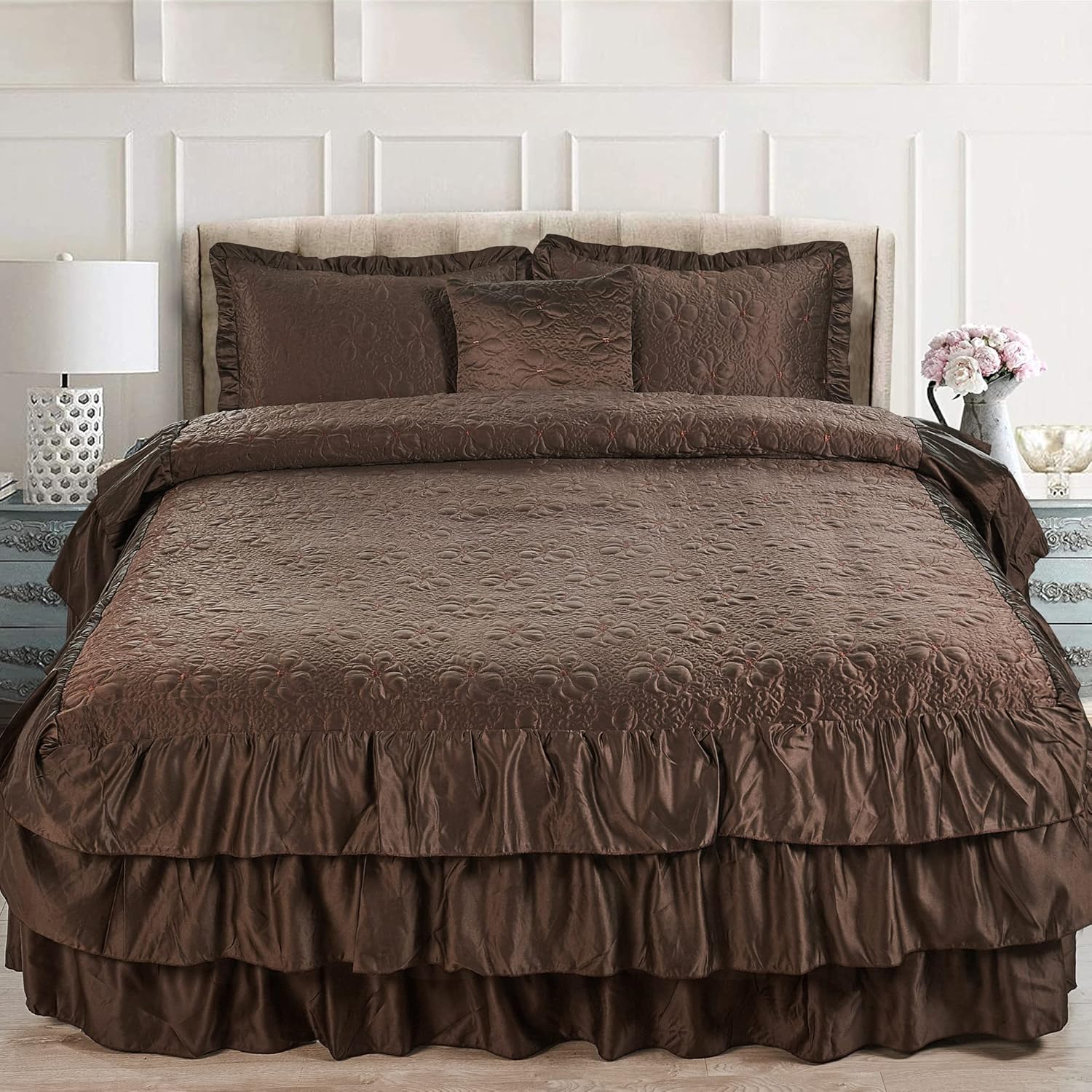 4 Piece Matte Satin Ruffle Quilted Bedspread Set 24" Drop Ruffled Style Bed Skirt Coverlets Lightweight Reversible Bedding Set Cover, King 78" x 80" + 24", Chocolate