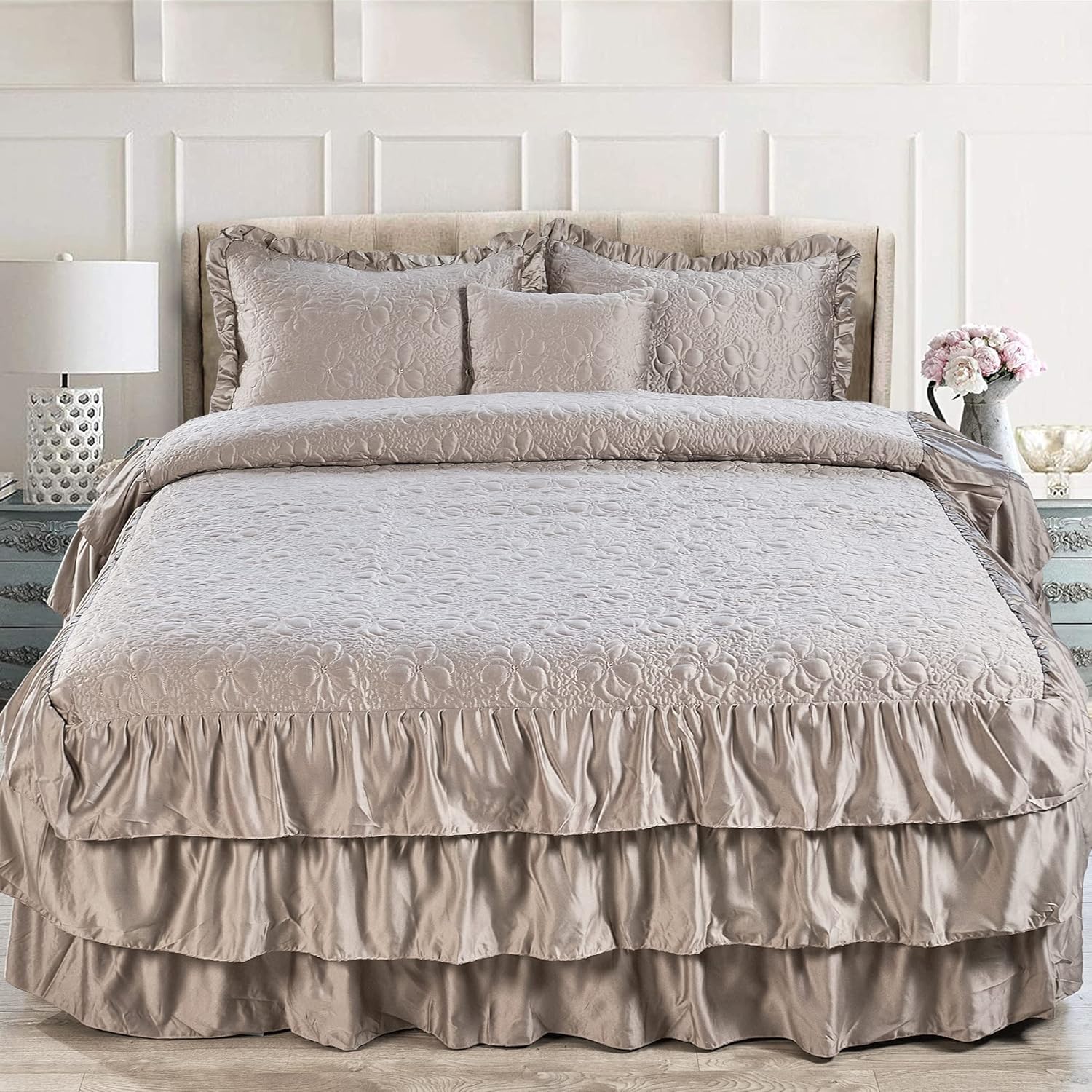 4 Piece Matte Satin Ruffle Quilted Bedspread Set 24" Drop Ruffled Style Bed Skirt Coverlets Lightweight Reversible Bedding Set Cover, King 78" x 80" + 24", Taupe