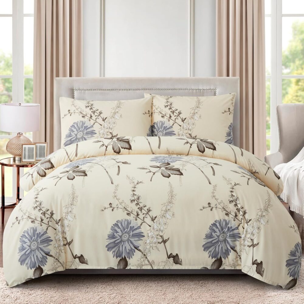 Soft Silky Printed Rayon from Bamboo All Season 4 Pieces Duvet Cover Fitted Sheet Ensemble Bedding Set with Zipper and Corner Tie, Blue Chrysanthemum Floral Pattern Queen Size - Image 2
