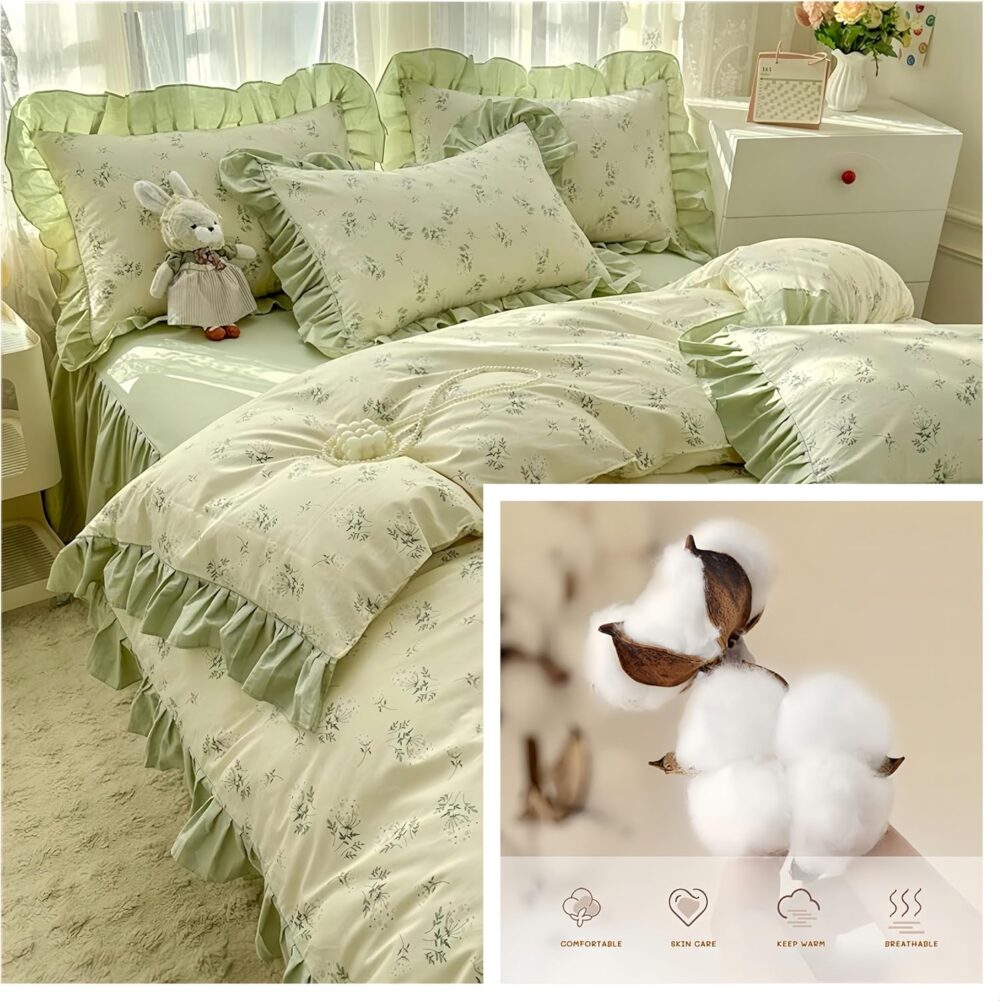 4pcs Duvet Cover Set Queen Size-100% Luxury Cotton Ultra Soft Ruffle bedding set includ 1 Duvet Cover with Zipper Ties,1 Fitted Sheet with Bed Skirt, 2 lace Pillow Shams for all season (light green) - Image 2