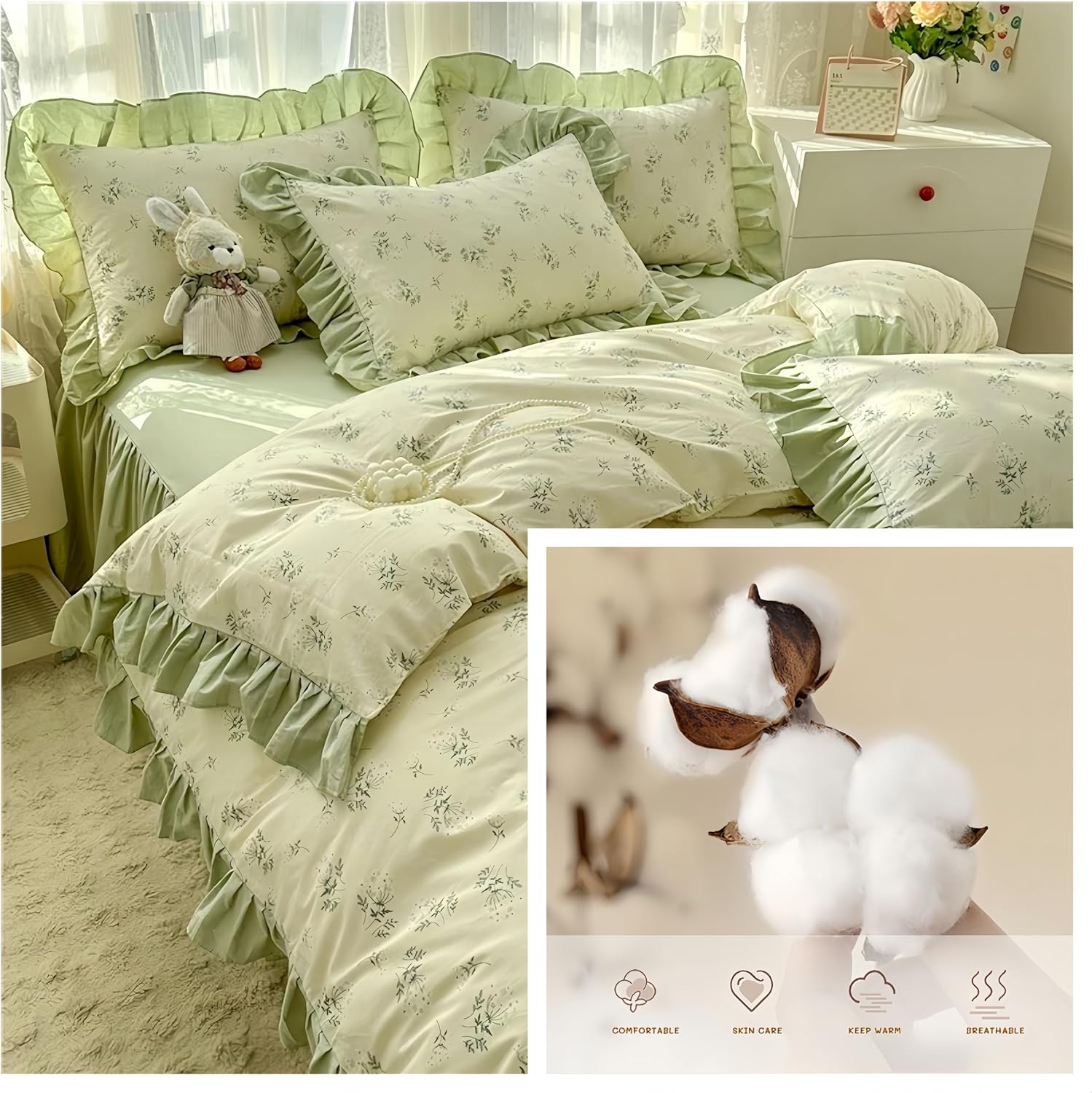 4pcs Duvet Cover Set Queen Size-100% Luxury Cotton Ultra Soft Ruffle bedding set includ 1 Duvet Cover with Zipper Ties,1 Fitted Sheet with Bed Skirt, 2 lace Pillow Shams for all season (light green) - Image 2