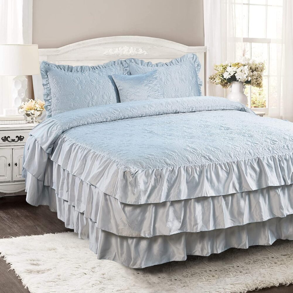 4 Piece Matte Satin Ruffle Quilted Bedspread Set 24" Drop Ruffled Style Bed Skirt Coverlets Lightweight Reversible Bedding Set Cover, King 78" x 80" + 24", Light Blue - Image 2