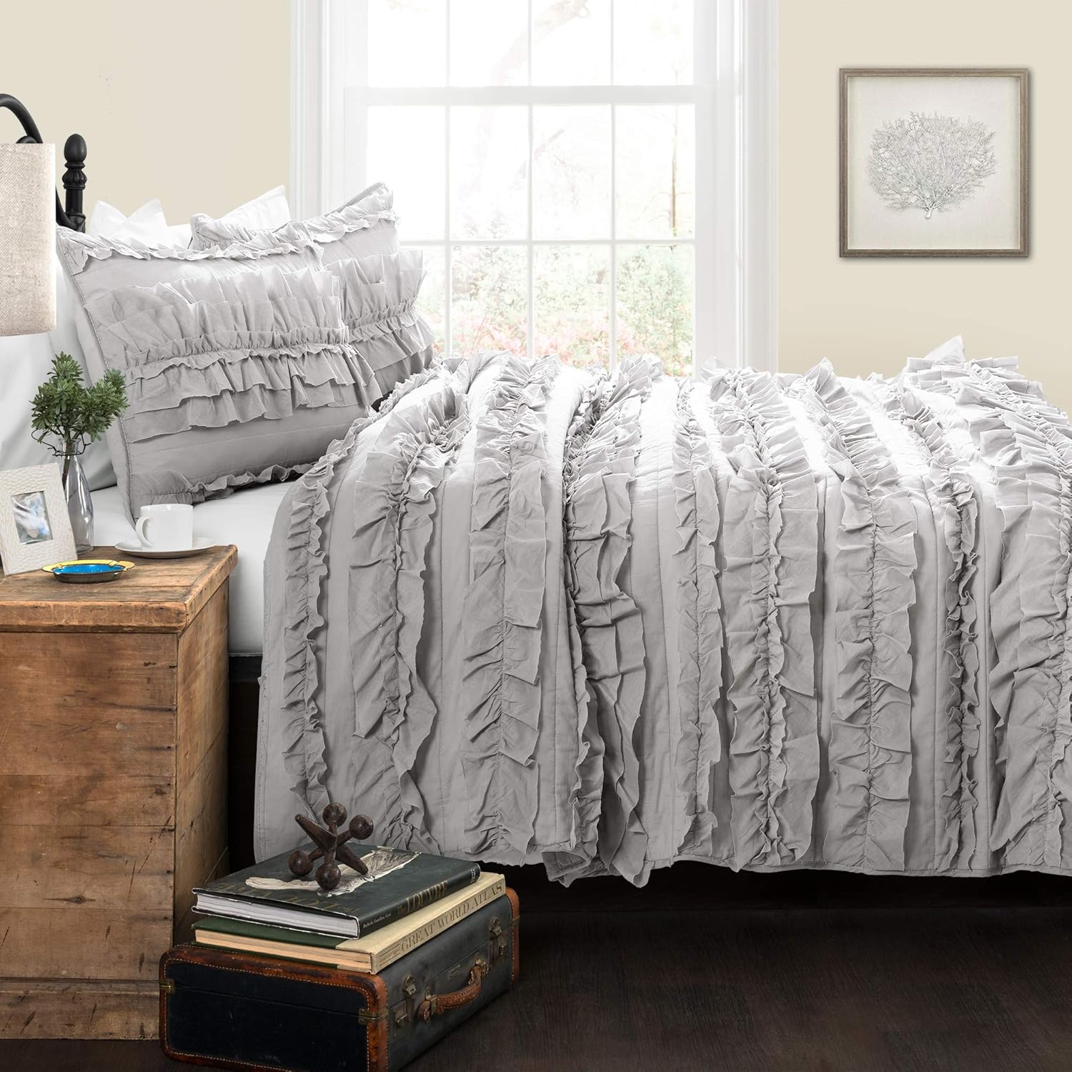 Light Gray-Full/Queen  3 Piece Ruffled Quilt Set, 3 - Image 2