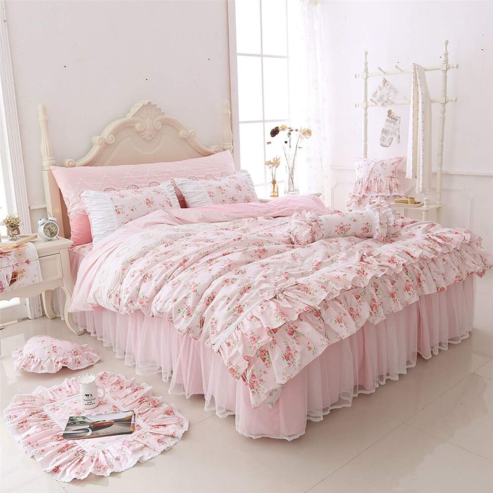 Romantic Roses Print Duvet Cover Set with Bed Skirt Pink Lace Ruffle Floral Shabby Chic Bedding Sets Full 4 Piece