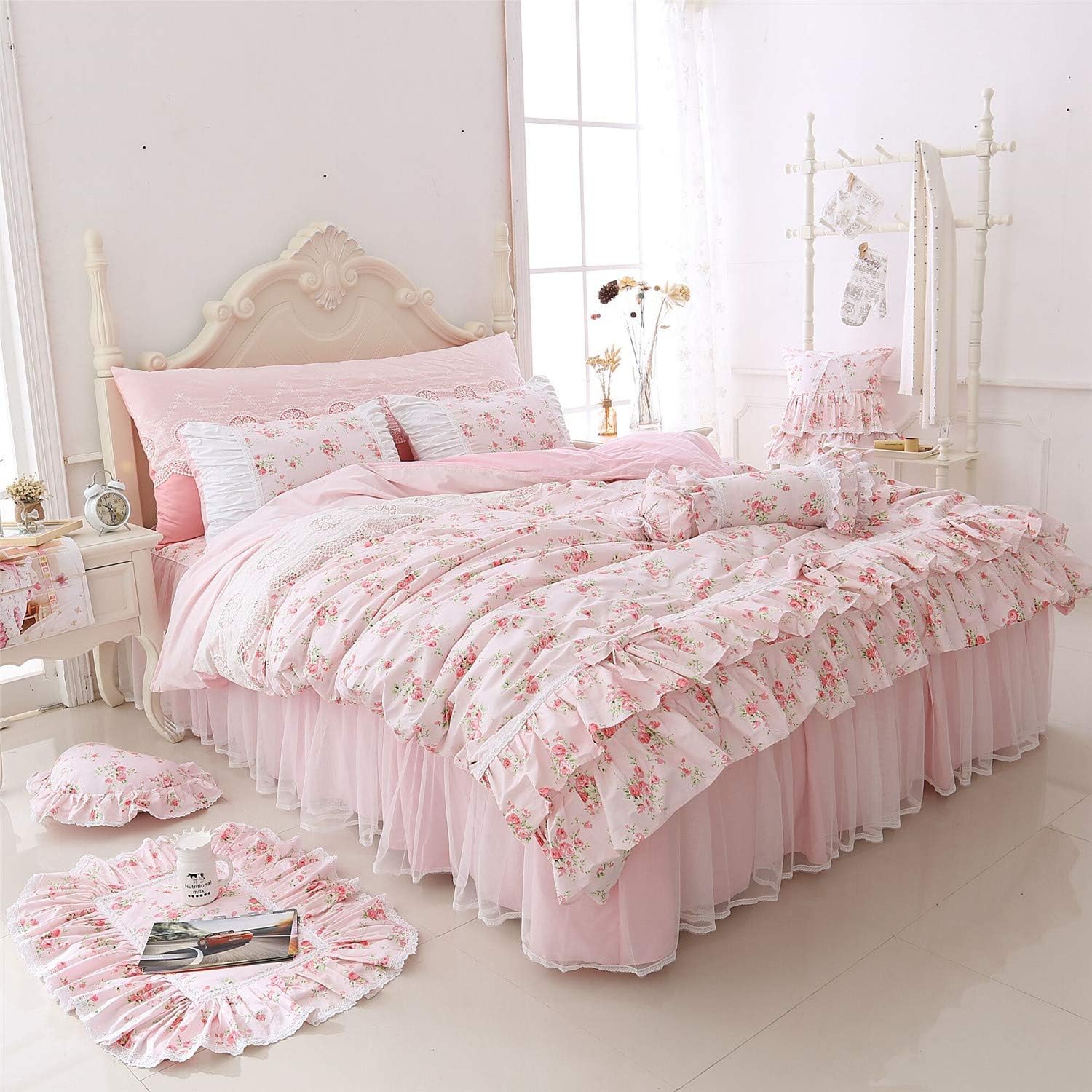 Romantic Roses Print Duvet Cover Set with Bed Skirt Pink Lace Ruffle Floral Shabby Chic Bedding Sets Full 4 Piece