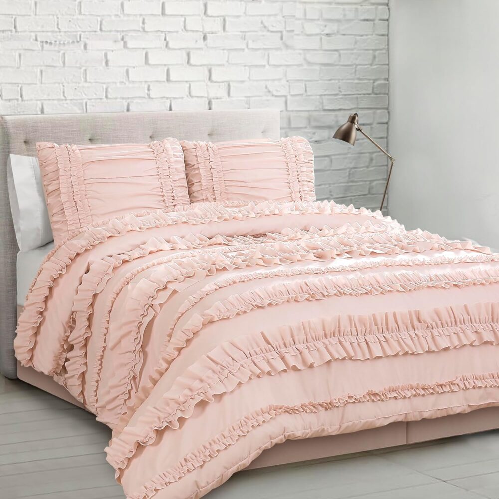 Comforter Ruffled Vintage Chic 4 Piece Set with Bed Skirt and Pillow Sham - Full Queen Comforter Set