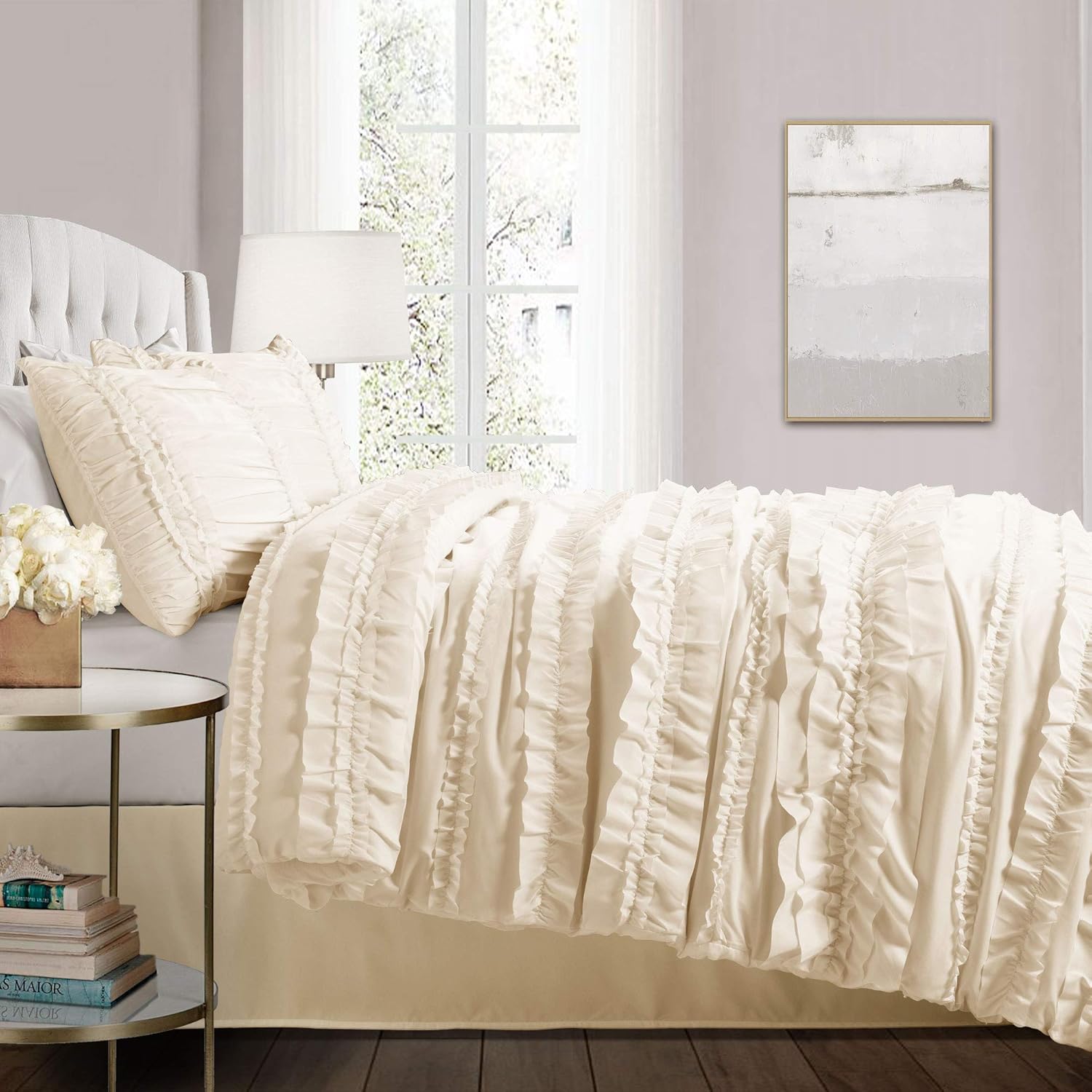 Comforter (96 x 92 inches) Ruffled Shabby Chic 4 Piece Set with Bed Skirt(80 x 60 inches with a 14. 5 inch drop). and 2 Pillow Shams(20 x 26 inches), Full/Queen - Image 2