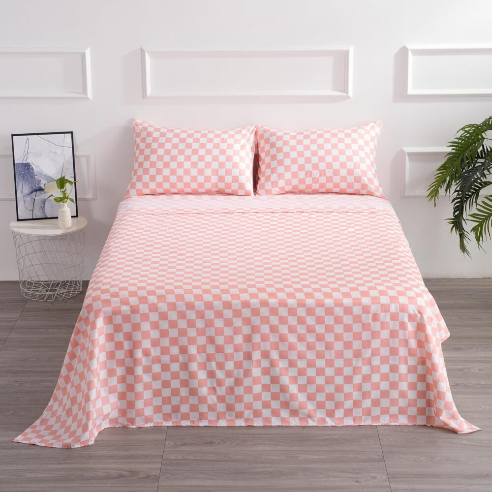 Bed Sheet Set 4 Piece -Full Size-Soft Durable Microfiber Bedding Sheet Set,Deep Pocket,Stain,Fade & Wrinkle Resistant Green and White Checkerboard Grid(Plaid Coral&White)