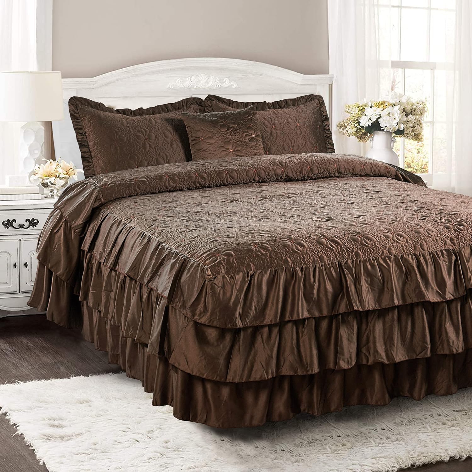 4 Piece Matte Satin Ruffle Quilted Bedspread Set 24" Drop Ruffled Style Bed Skirt Coverlets Lightweight Reversible Bedding Set Cover, King 78" x 80" + 24", Chocolate - Image 2