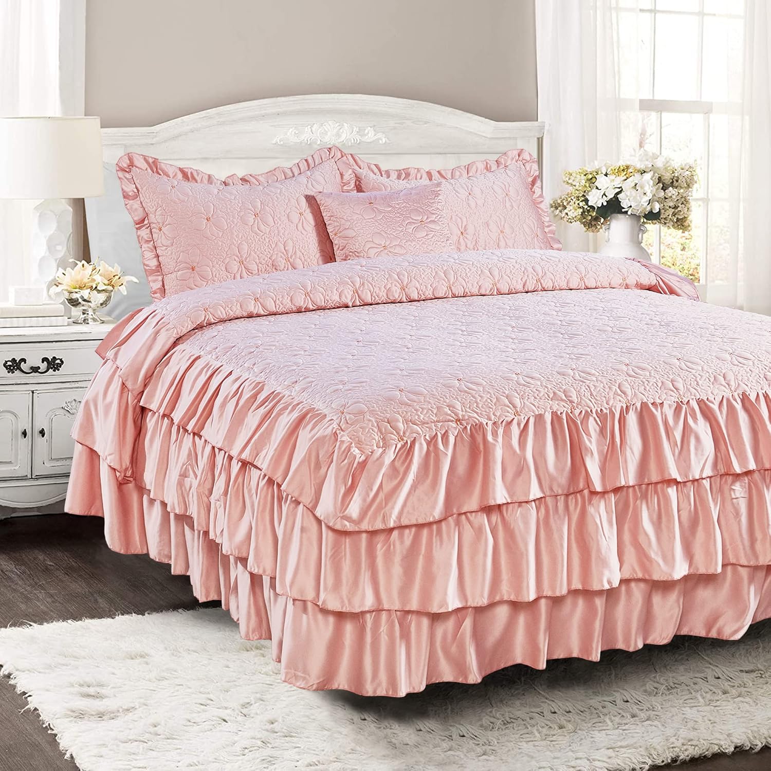 4 Piece Matte Satin Ruffle Quilted Bedspread Set 24" Drop Ruffled Style Bed Skirt Coverlets Lightweight Reversible Bedding Set Cover, King 78" x 80" + 24", Pink - Image 2