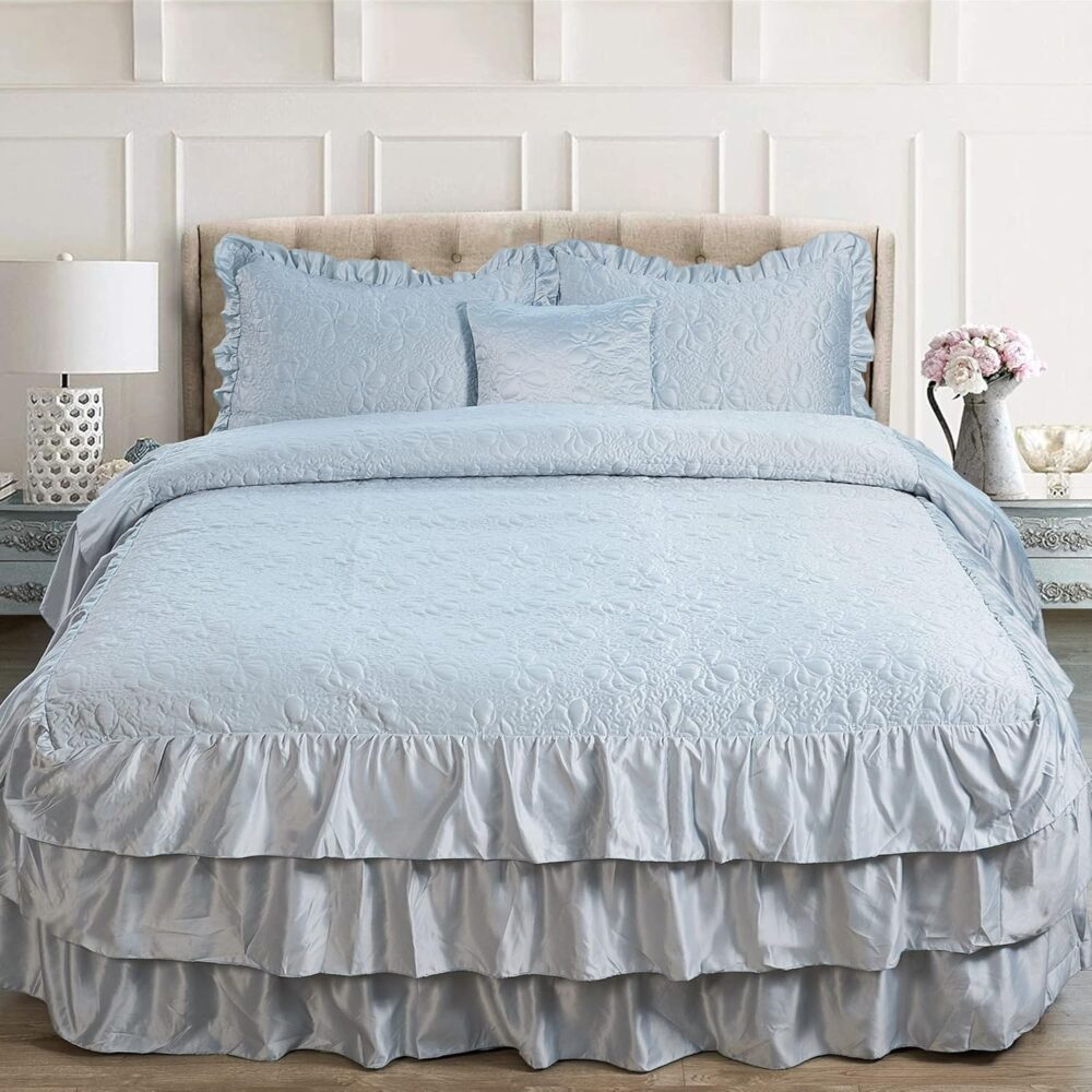 4 Piece Matte Satin Ruffle Quilted Bedspread Set 24" Drop Ruffled Style Bed Skirt Coverlets Lightweight Reversible Bedding Set Cover, King 78" x 80" + 24", Light Blue