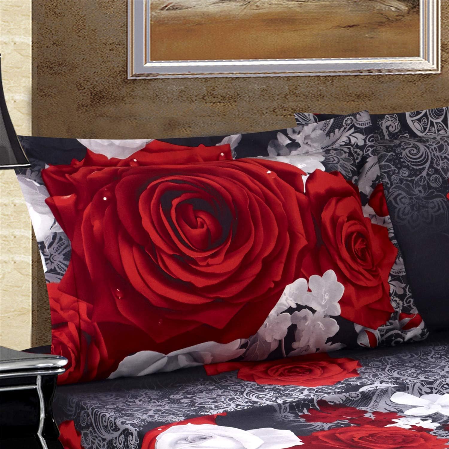Bed Sheet Set - 4 Piece 3D Red and White Rose Reactive Printed Sheet Set King Size (Y31) - Soft, Breathable, Fade Resistant - includes 1 Flat Sheet,1 Fitted Sheet,2 Shams - Image 2