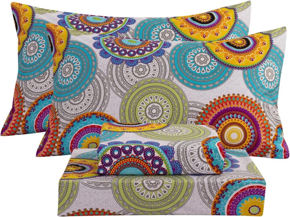 Queen Sheet Set Ultra Soft Breathable Silky Bed Sheets Deep Pocket 100% Microfiber Bedding Sheets 4 Piece Queen Size Mandala Patterned