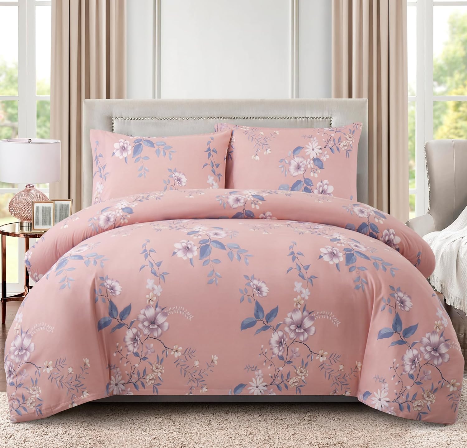 Ultra Soft Silky Rich Printed Rayon from Bamboo All Season 4 Pieces Duvet Cover Fitted Sheet Ensemble Bedding Set with Zipper and Corner Tie, Purple Floral Pink Pattern Queen Size - Image 2