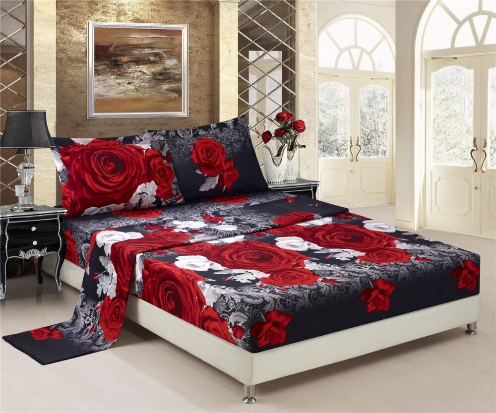 Bed Sheet Set - 4 Piece 3D Red and White Rose Reactive Printed Sheet Set King Size (Y31) - Soft, Breathable, Fade Resistant - includes 1 Flat Sheet,1 Fitted Sheet,2 Shams