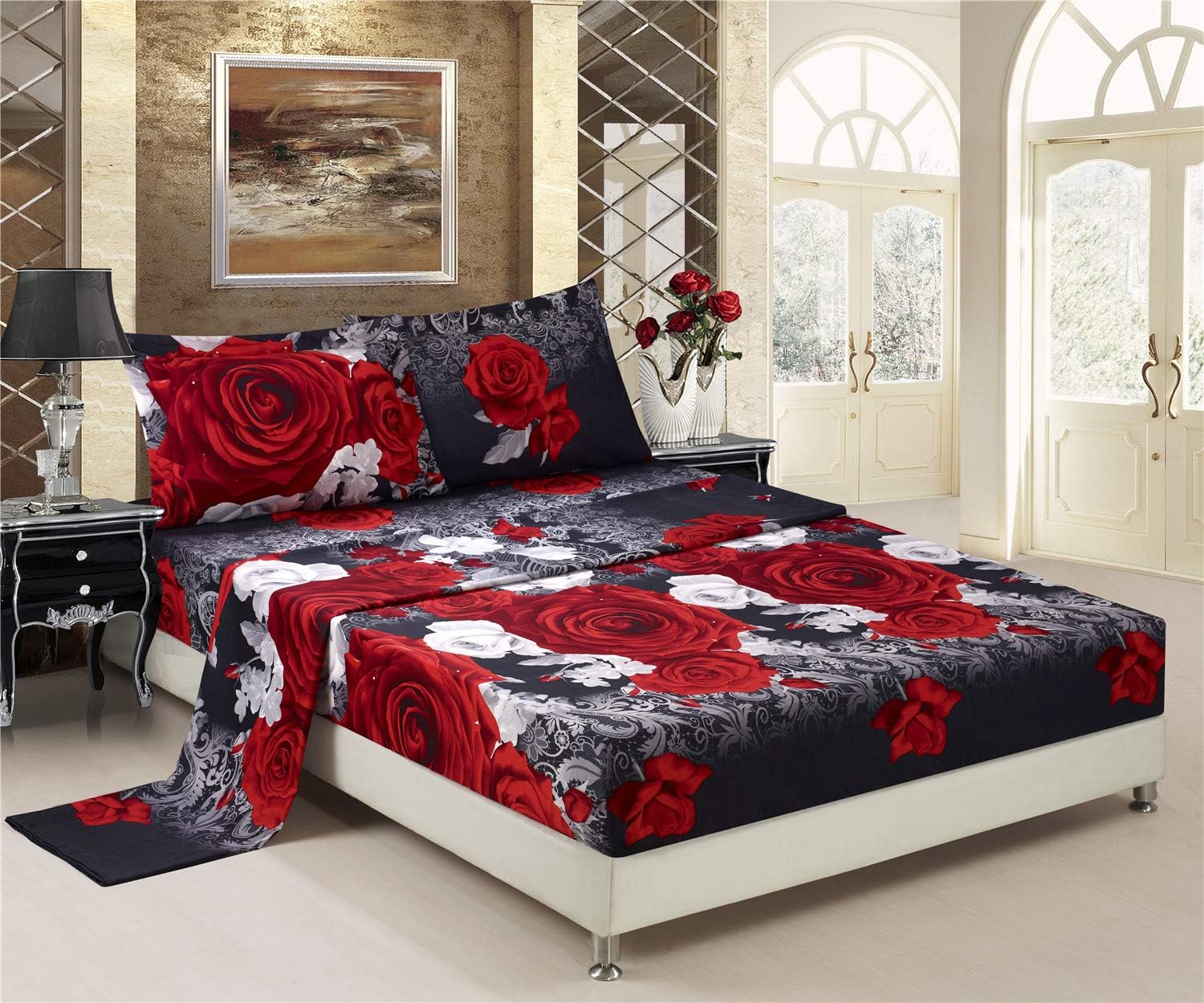 Bed Sheet Set - 4 Piece 3D Red and White Rose Reactive Printed Sheet Set King Size (Y31) - Soft, Breathable, Fade Resistant - includes 1 Flat Sheet,1 Fitted Sheet,2 Shams