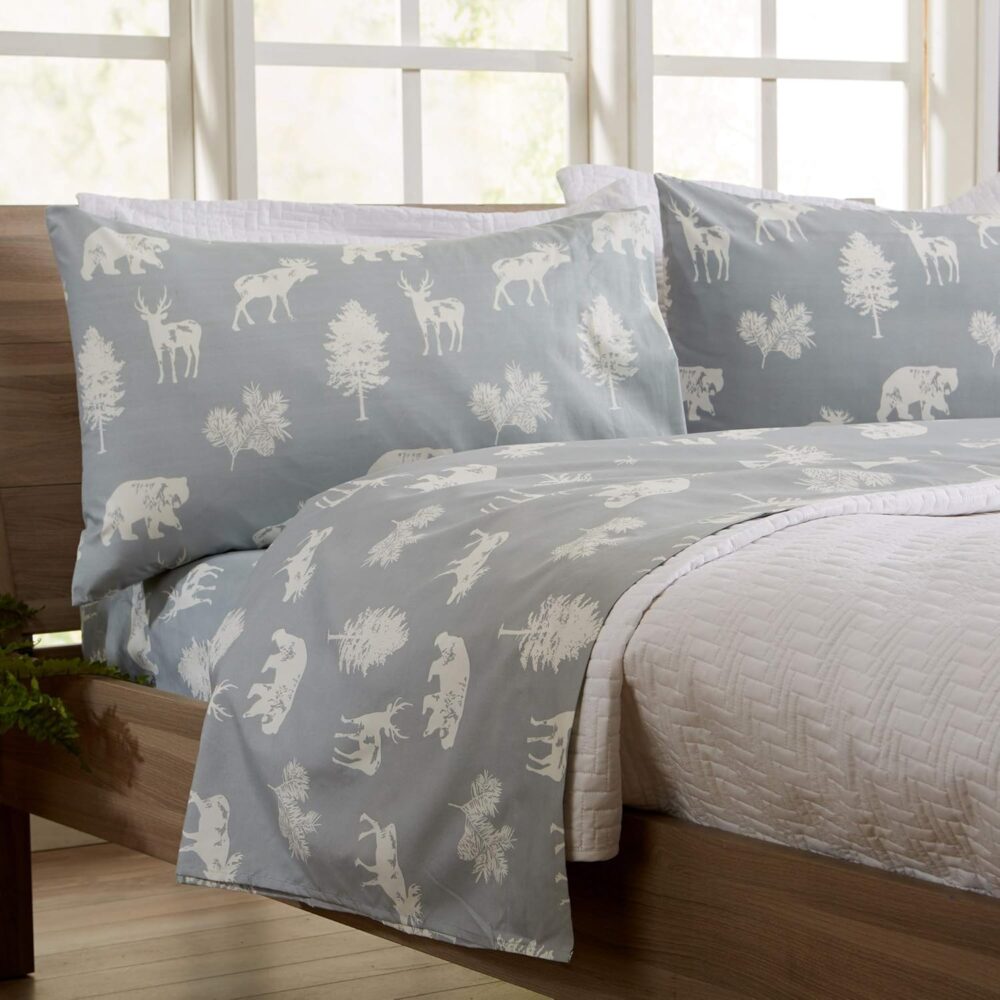 4-Piece  Printed Ultra-Soft Microfiber Sheet Set. Beautiful Patterns Drawn from Nature, Comfortable, All-Season Bed Sheets. (Queen, Forest Animal - Light Grey)
