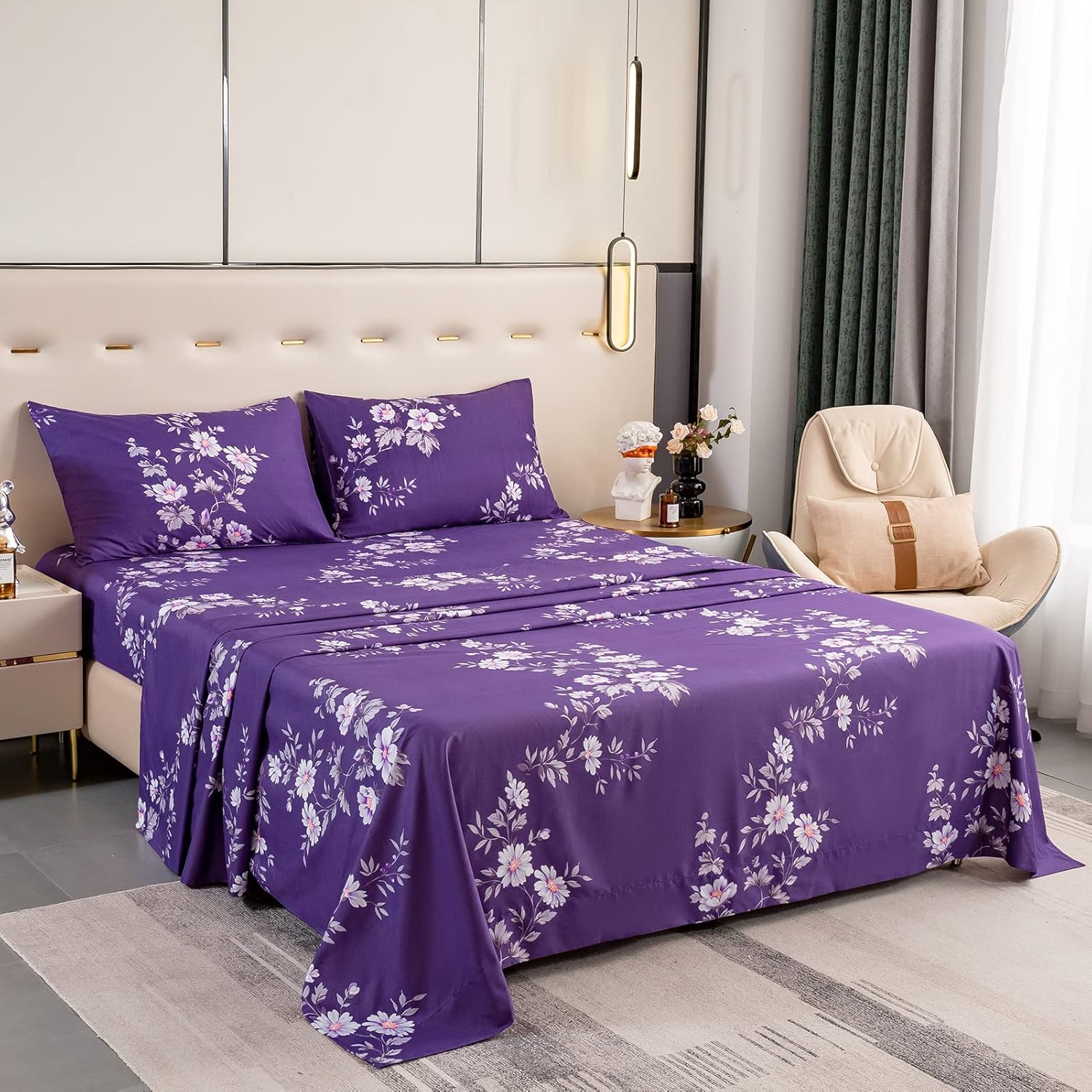 Queen Sheet Set Ultra Soft Breathable Silky Flower Bed Sheets Deep Pocket 100% Microfiber Bedding Sheets 4 Piece Queen Size Dark Purple Floral - Image 2
