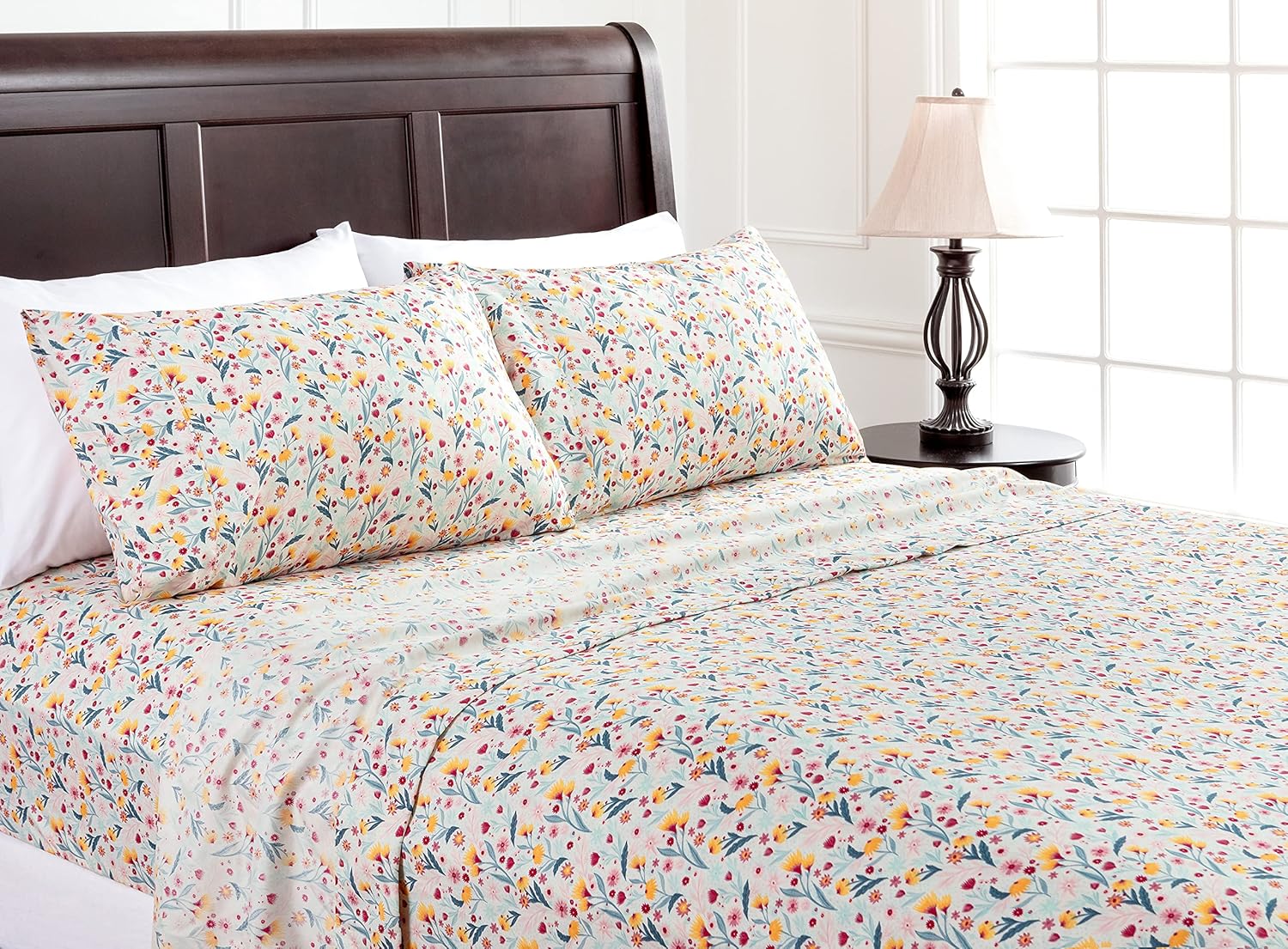 Premium Spring Bloom Floral Printed Twin Bed Sheet Set 3-Piece - Ultra Soft Colorful Flower Print - 1 Flat Sheet 1 Fitted Sheet and 1 Pillowcases - Microfiber Sheets
