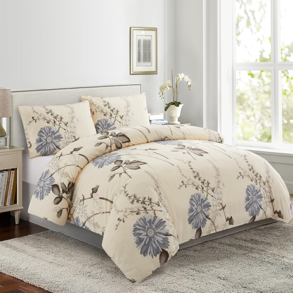 Soft Silky Printed Rayon from Bamboo All Season 4 Pieces Duvet Cover Fitted Sheet Ensemble Bedding Set with Zipper and Corner Tie, Blue Chrysanthemum Floral Pattern Queen Size