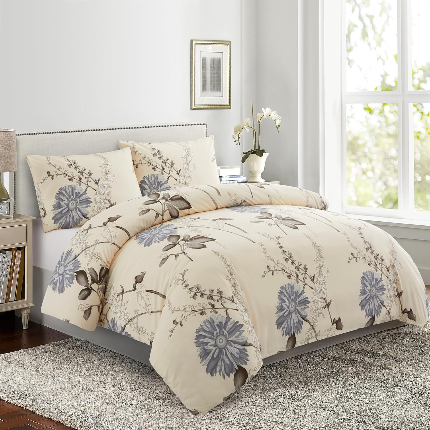 Soft Silky Printed Rayon from Bamboo All Season 4 Pieces Duvet Cover Fitted Sheet Ensemble Bedding Set with Zipper and Corner Tie, Blue Chrysanthemum Floral Pattern Queen Size
