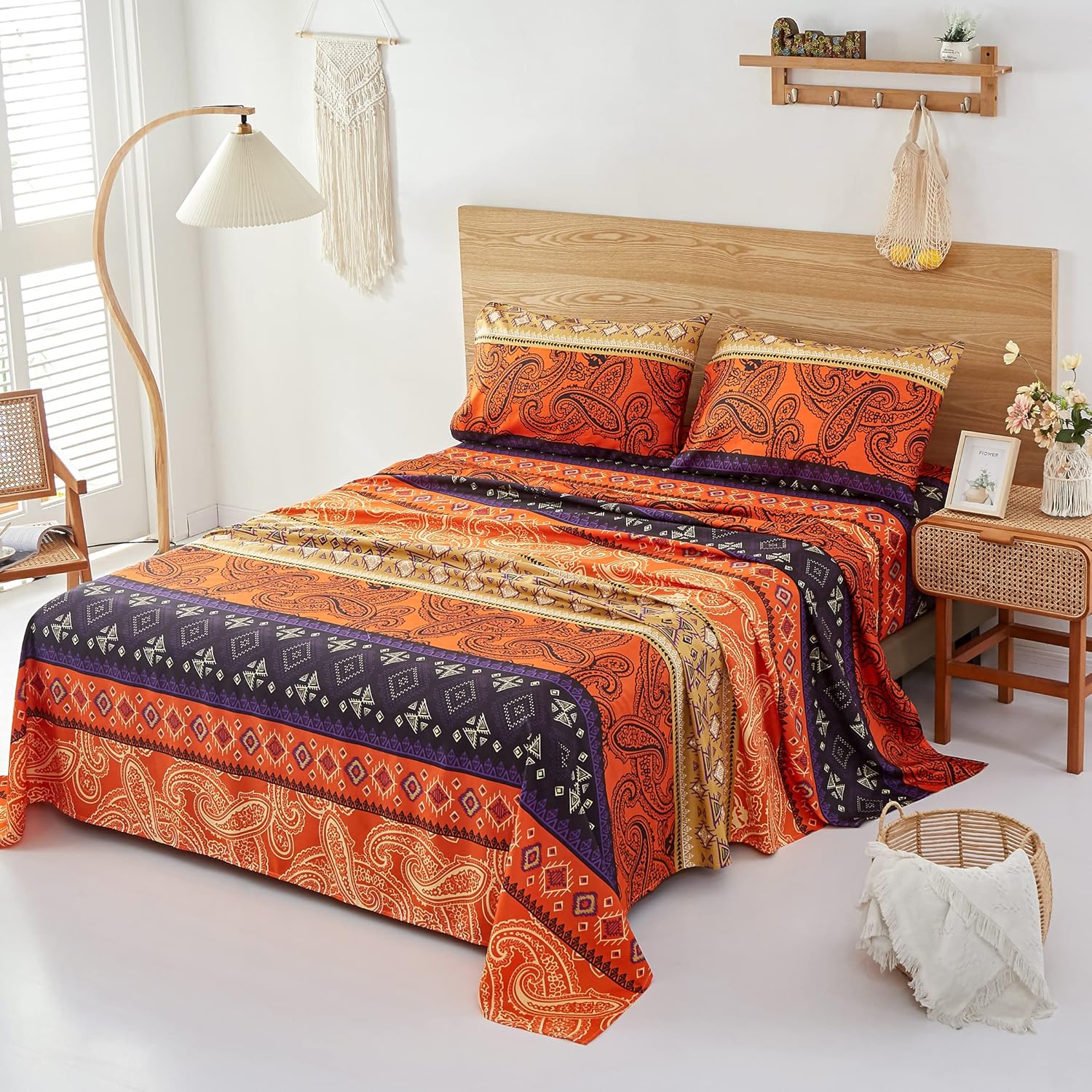 Bed Sheet Set Queen Size Boho Retro Style Paisley Pattern, 4-Piece 16 inch Deep Pockets Soft Bedding Set, 1 Flat Sheet,1 Fitted Sheet, 2 Pillow Cases - Image 2