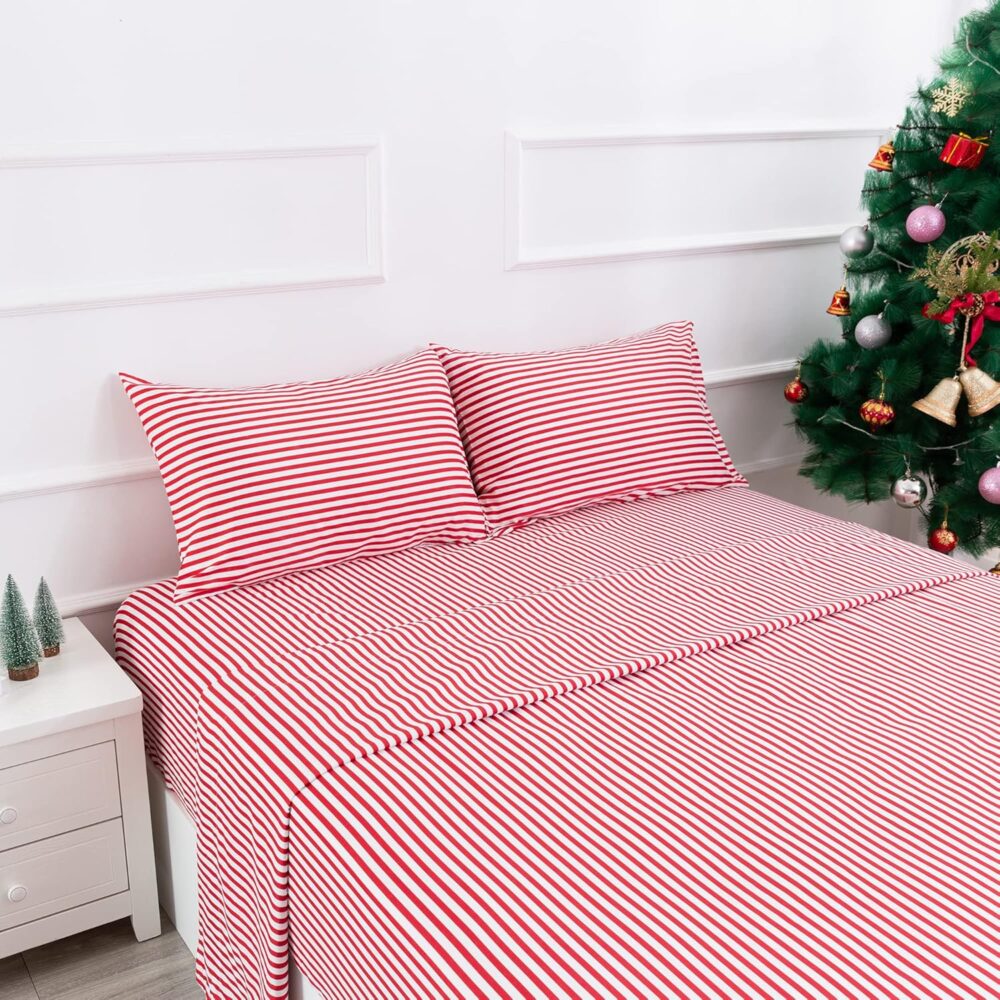 Best Season Ticking Stripe Sheet Set,4 Piece Full Size Microfiber Bedding,Burgundy Red and White Pinstripe Patterned,Deep Pocket