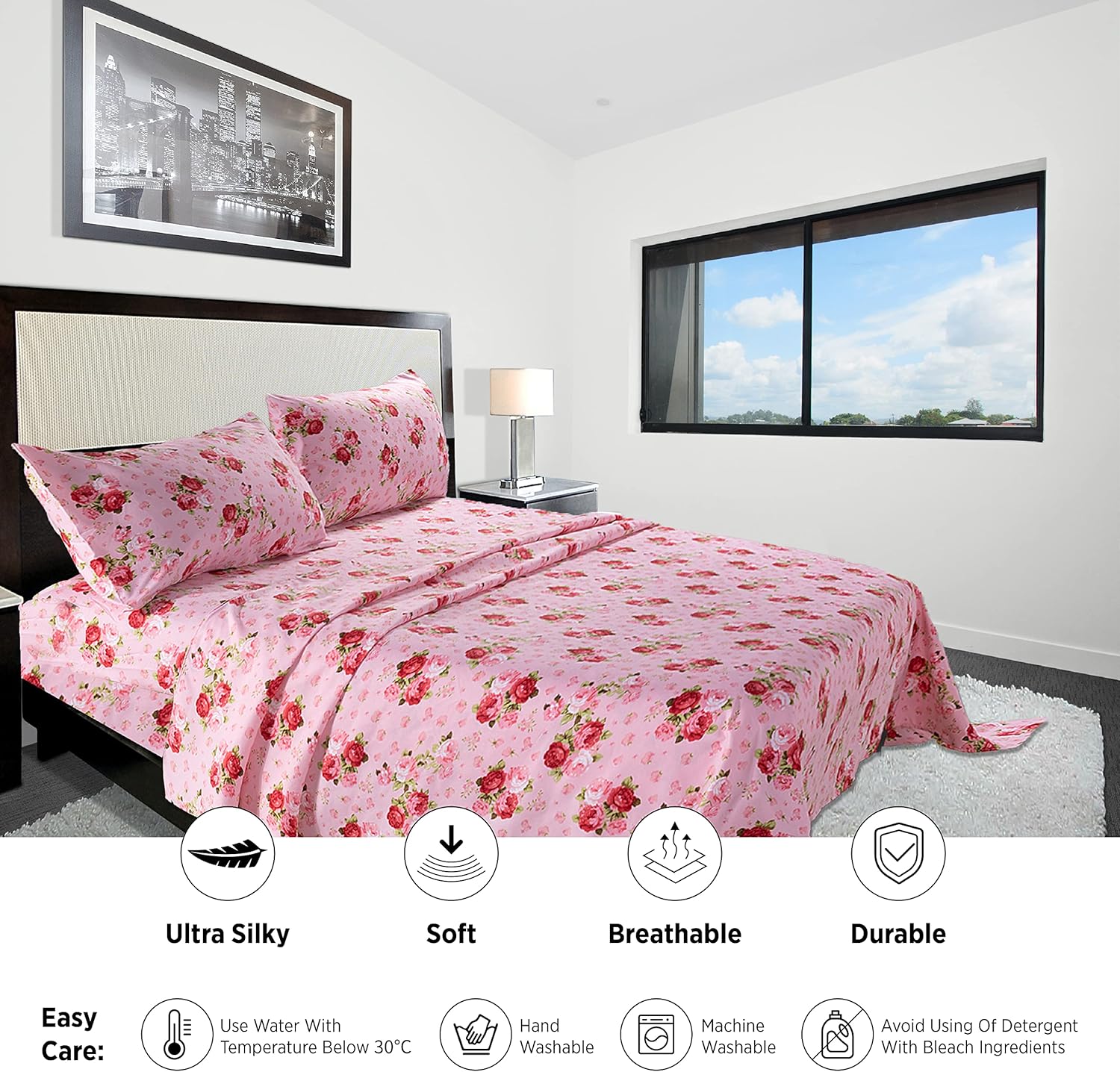 Queen Sheet Set Ultra Soft Breathable Silky Flower Bed Sheets Deep Pocket 100% Microfiber Bedding Sheets 4 Piece Queen Size Pink Floral(Red Rose) - Image 2