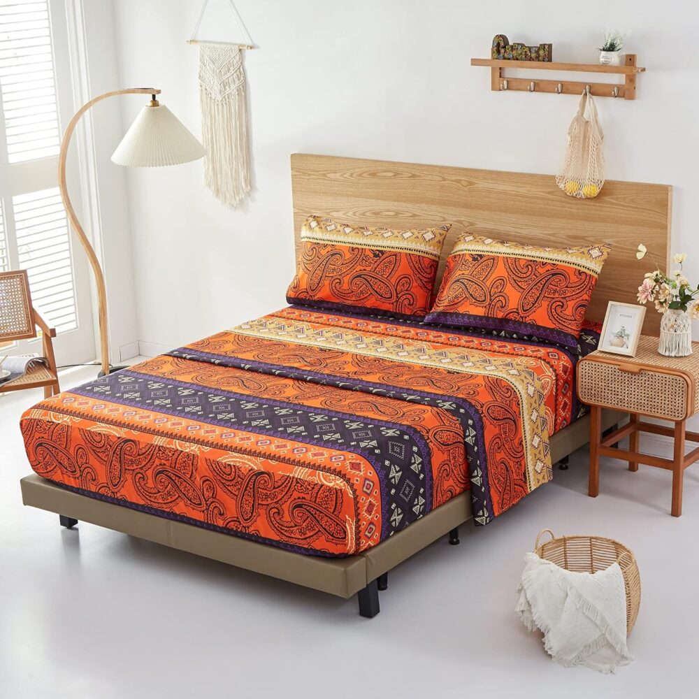 Bed Sheet Set Queen Size Boho Retro Style Paisley Pattern, 4-Piece 16 inch Deep Pockets Soft Bedding Set, 1 Flat Sheet，1 Fitted Sheet, 2 Pillow Cases