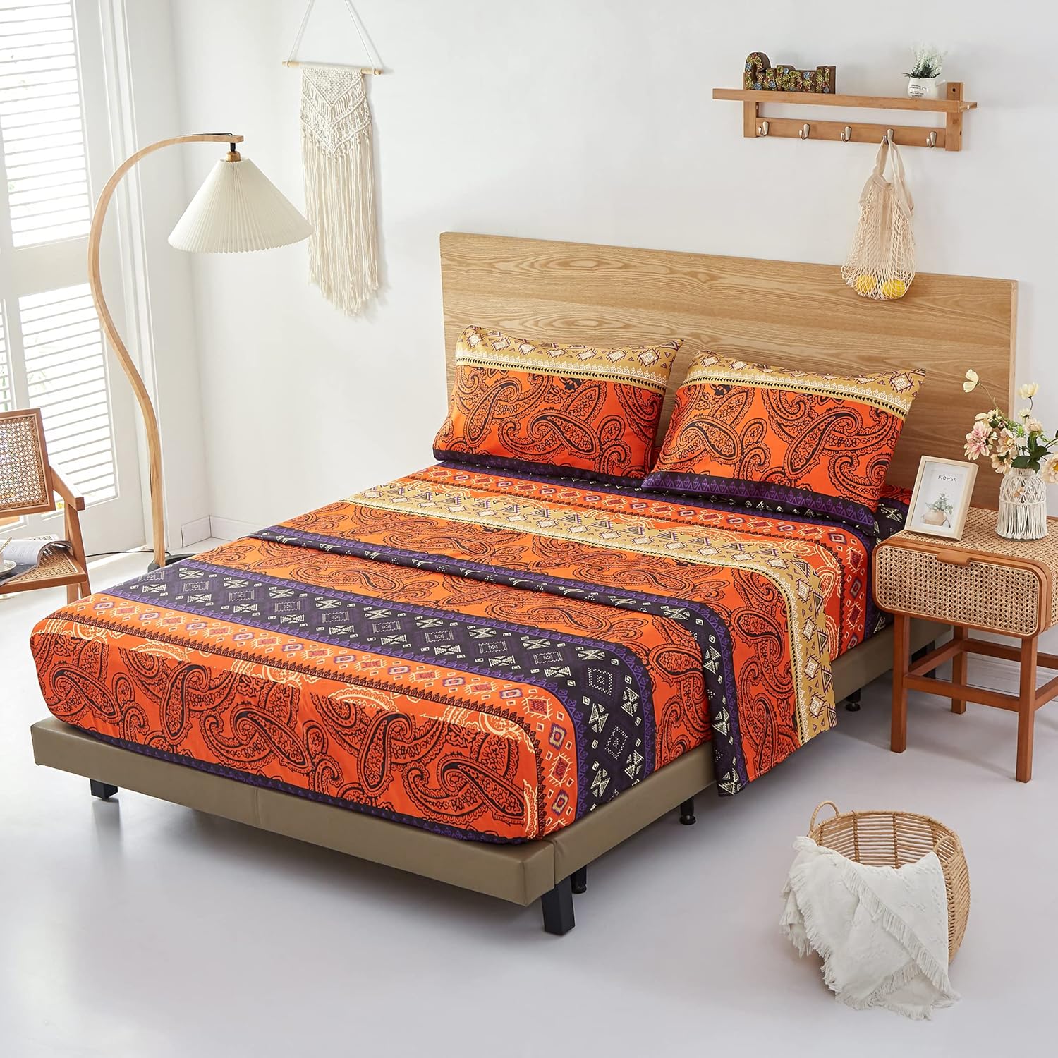 Bed Sheet Set Queen Size Boho Retro Style Paisley Pattern, 4-Piece 16 inch Deep Pockets Soft Bedding Set, 1 Flat Sheet,1 Fitted Sheet, 2 Pillow Cases