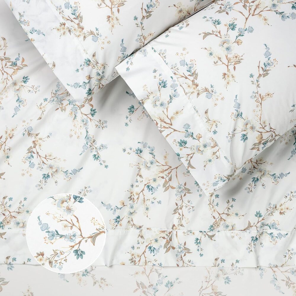 Premium Traditional Floral Printed Elegant Patterned Queen Bed Sheet Set 4-Piece - 1 Flat Sheet 1 Fitted Sheet and 2 Pillowcases - Ultra Soft Microfiber Sheets - Blue - Image 2