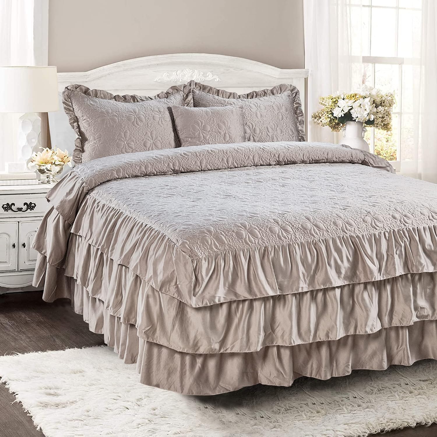 4 Piece Matte Satin Ruffle Quilted Bedspread Set 24" Drop Ruffled Style Bed Skirt Coverlets Lightweight Reversible Bedding Set Cover, King 78" x 80" + 24", Taupe - Image 2