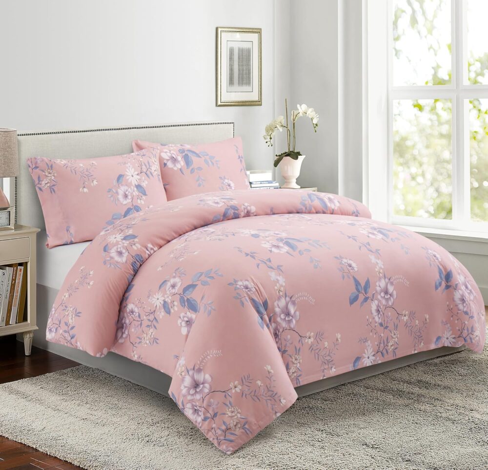 Ultra Soft Silky Rich Printed Rayon from Bamboo All Season 4 Pieces Duvet Cover Fitted Sheet Ensemble Bedding Set with Zipper and Corner Tie, Purple Floral Pink Pattern Queen Size