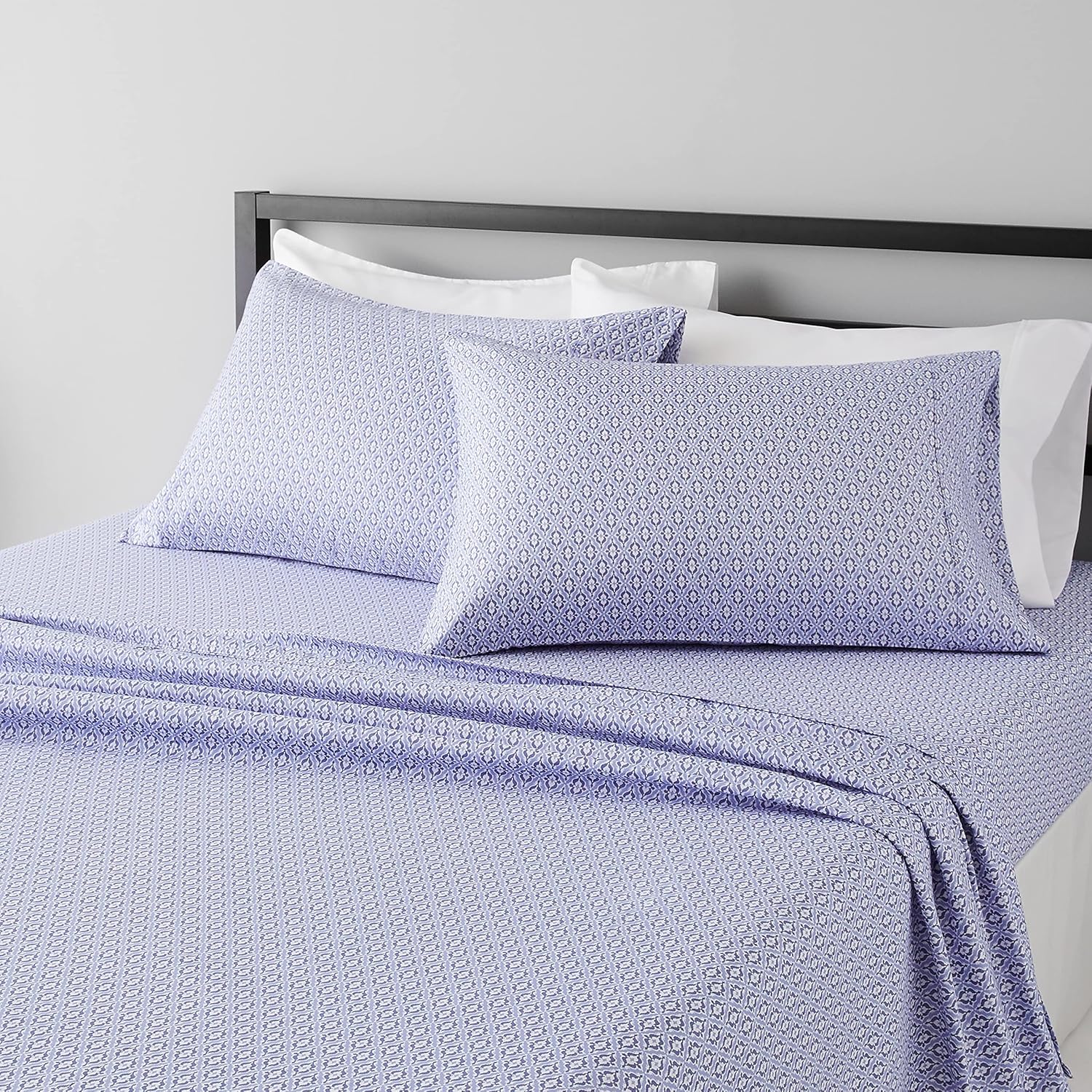 Lightweight Super Soft Easy Care Microfiber 4 Piece Bed Sheet Set With 14” Deep Pockets, Queen, Blue Damask, Printed