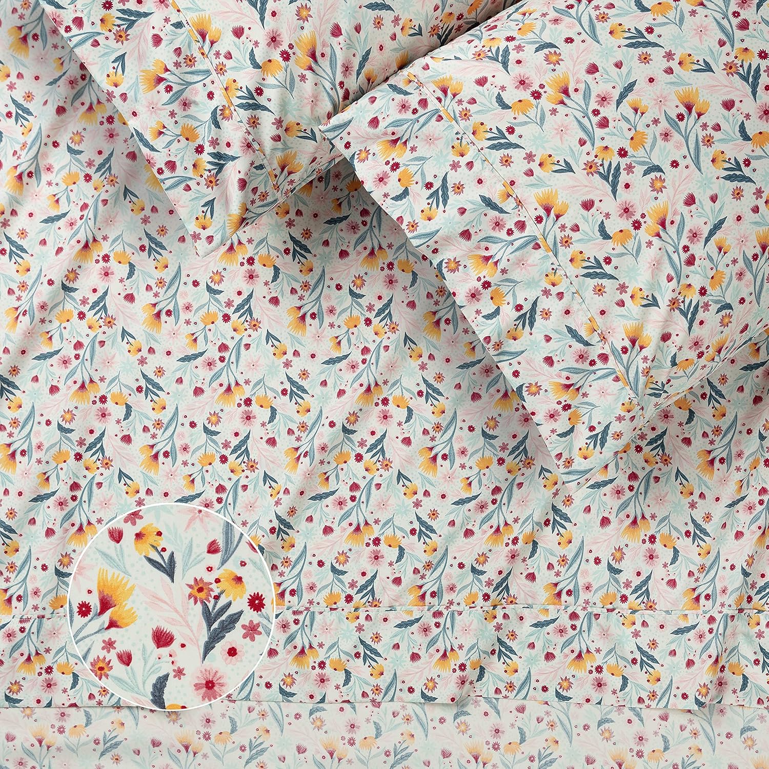 Premium Spring Bloom Floral Printed Twin Bed Sheet Set 3-Piece - Ultra Soft Colorful Flower Print - 1 Flat Sheet 1 Fitted Sheet and 1 Pillowcases - Microfiber Sheets - Image 2